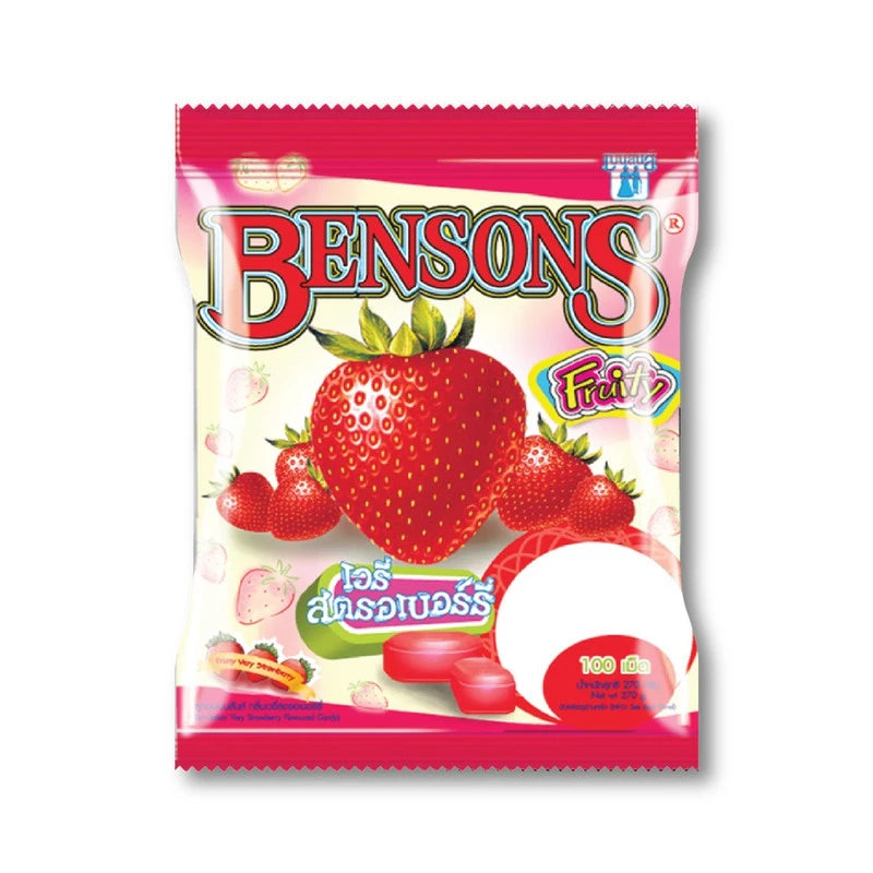 BENCONS Fruity Candy Very Strawberry 270g with 100 pieces, colorful strawberry-flavored sweets in clear packaging