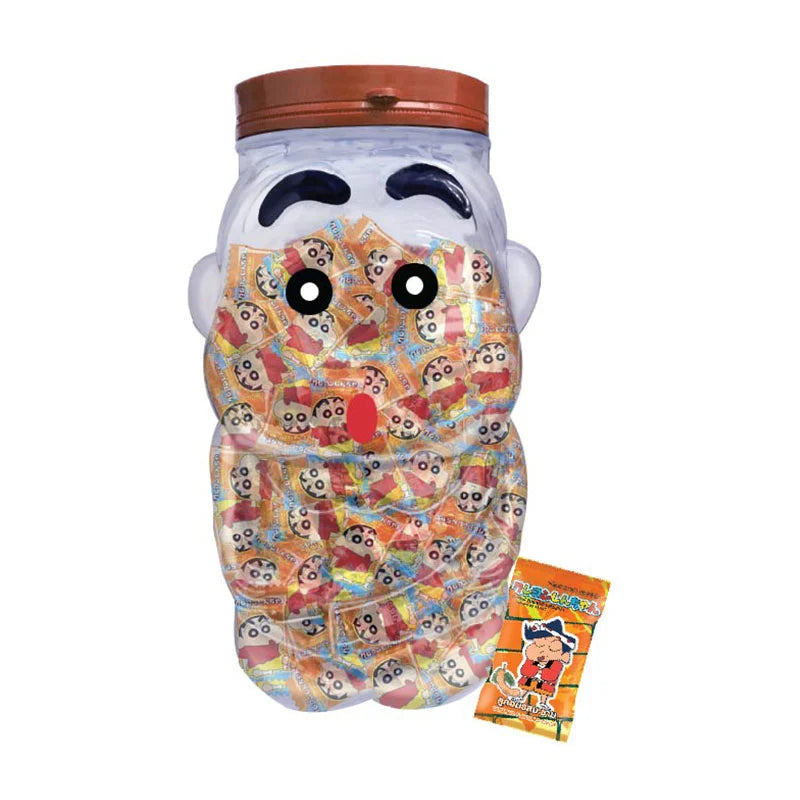 MAKRO Shinchan tamarind flavored candy tablets, 260-piece pack, showing colorful candies in a transparent container.