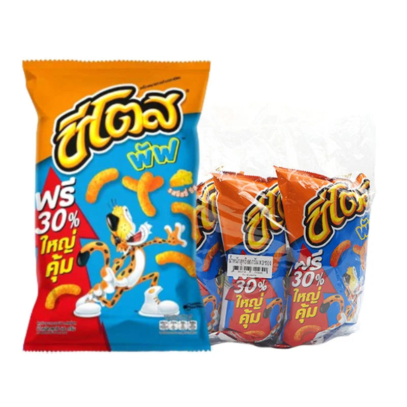 Cheetos Puffs Cheesy Cheese snack bags, 50g x 3, crispy cheese-flavored puffed corn snacks from Cheetos in colorful packaging.