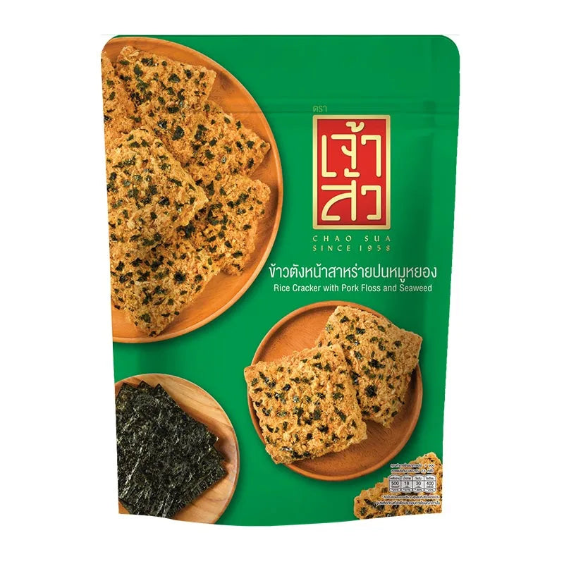 CHAO SUA shredded pork and seaweed rice cracker in 80g packet, showing crispy texture with pork flakes and seaweed pieces.