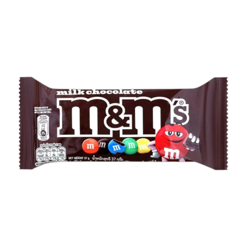 M&M Milk Chocolate 37g candy pack with colorful chocolate-coated candies on a white background