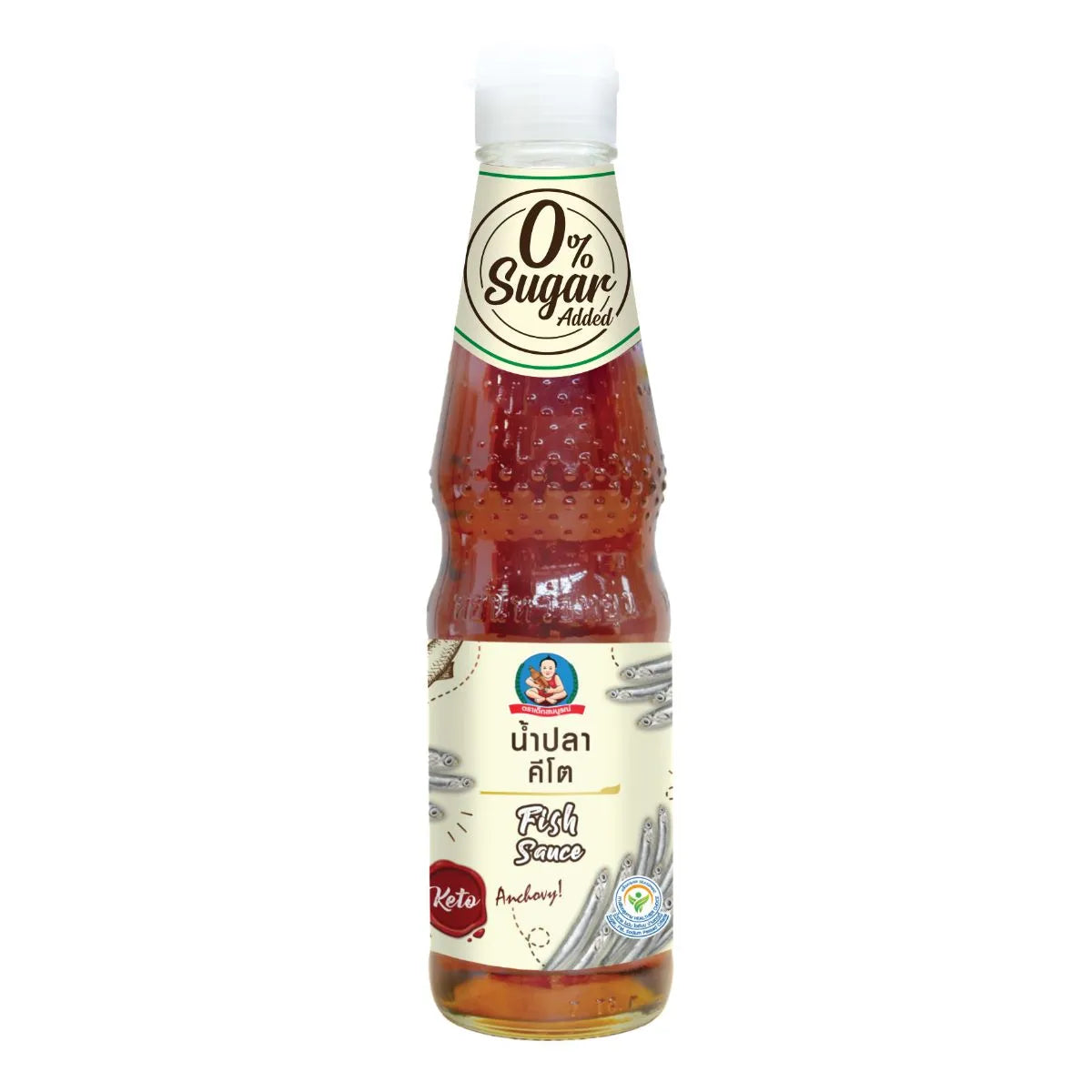 Bottle of DEKSOMBOON Keto Fish Sauce in a 300 ml glass container, showing the label and dark-colored liquid inside.