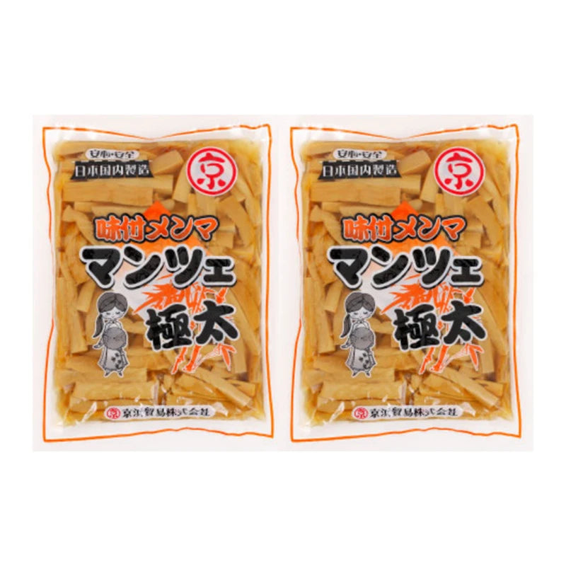 Two packs of KEIHIN seasoned ajitsuke menma bamboo shoot with soy sauce, sesame oil, and chili oil, 850g each, in clear packaging.