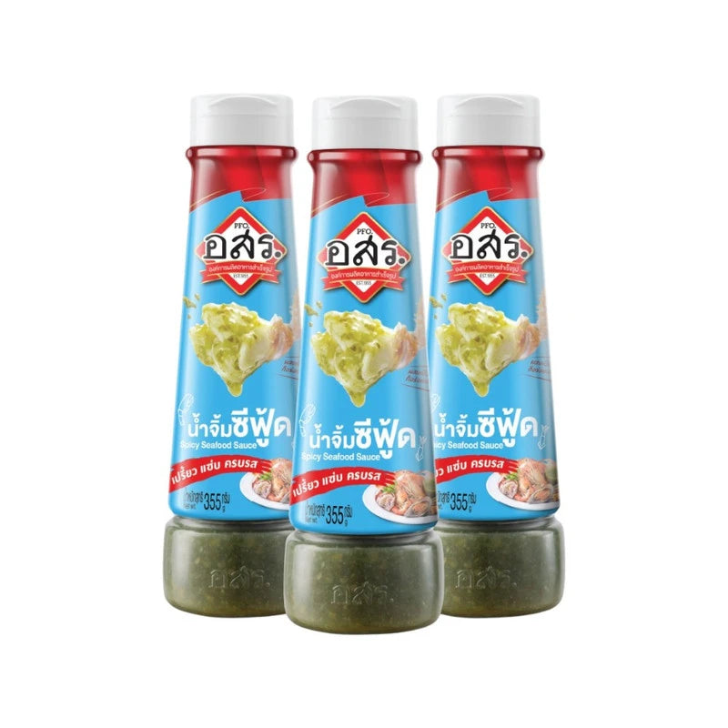 Aor Sor Ror seafood dipping sauce with fresh Jinda chilies in three 355g bottles, showcasing the vibrant chili and sauce inside.