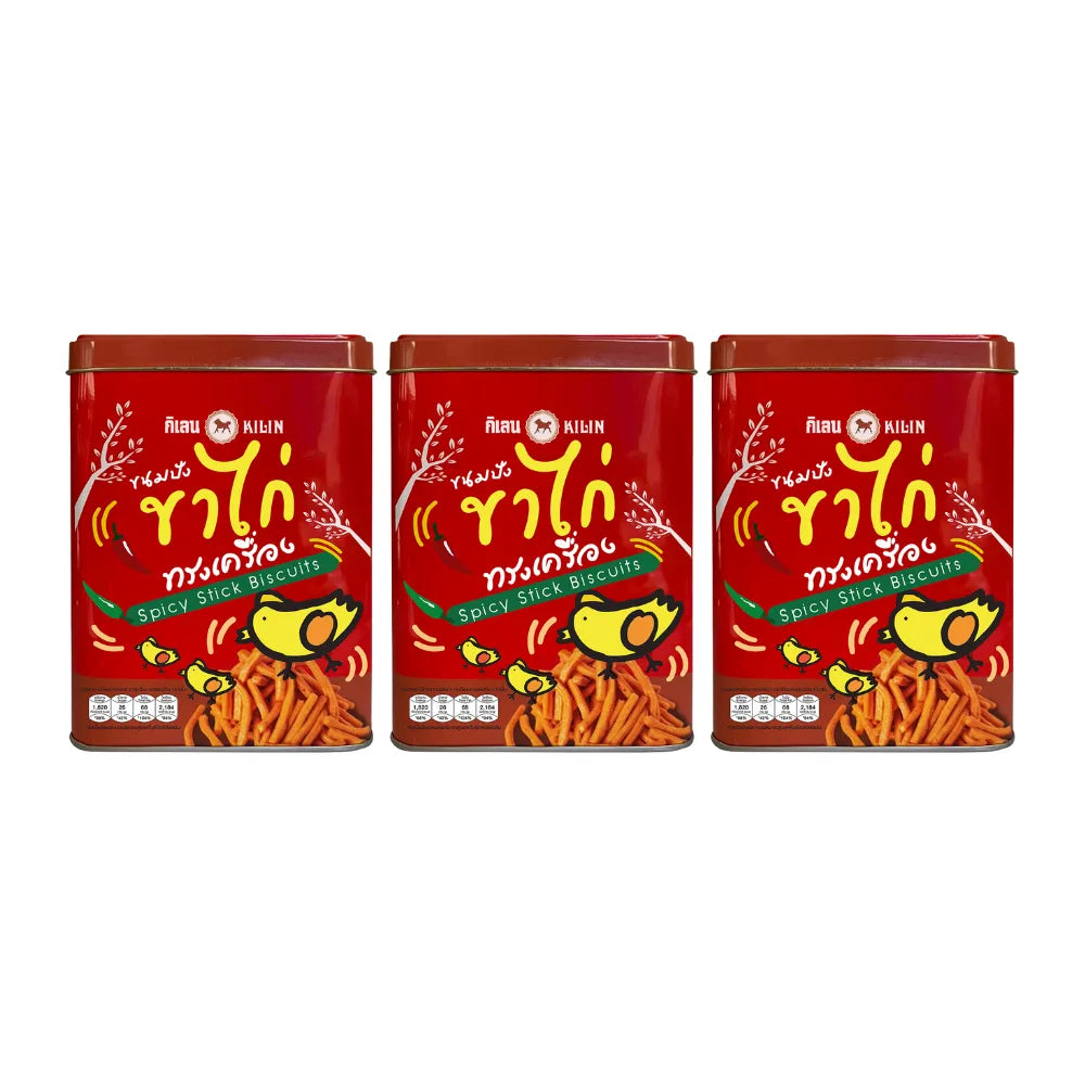 KILIN spicy bread stick biscuits in a metal tin, 400g pack, shown in a stack with a close-up of the crispy, seasoned bread sticks.