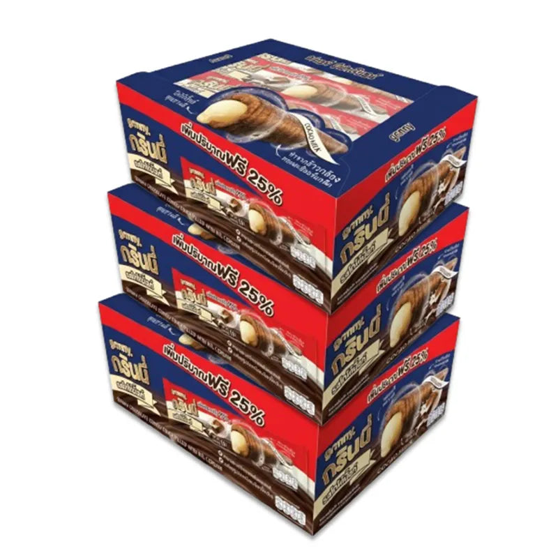 GRINNY chocolate-coated snacks filled with milk cream in a box of 15g pieces, showing the snack's chocolate coating and creamy filling