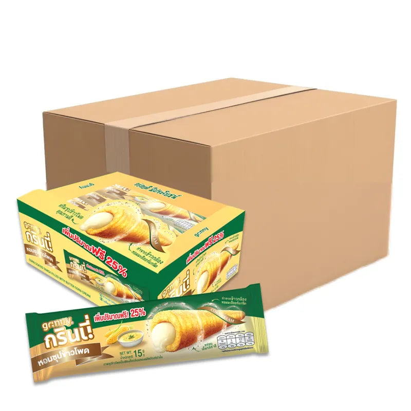Grinny Corn Coated Snack filled with butter corn cream, 15g per piece, shown in a box with 12 packs for a total of 12 boxes