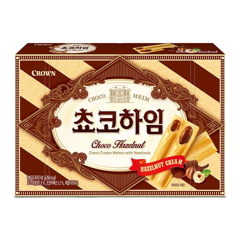 CROWN Choco Heim Choco Cream Wafer with Hazelnuts, 142g, showing a layered wafer snack with chocolate cream and hazelnuts