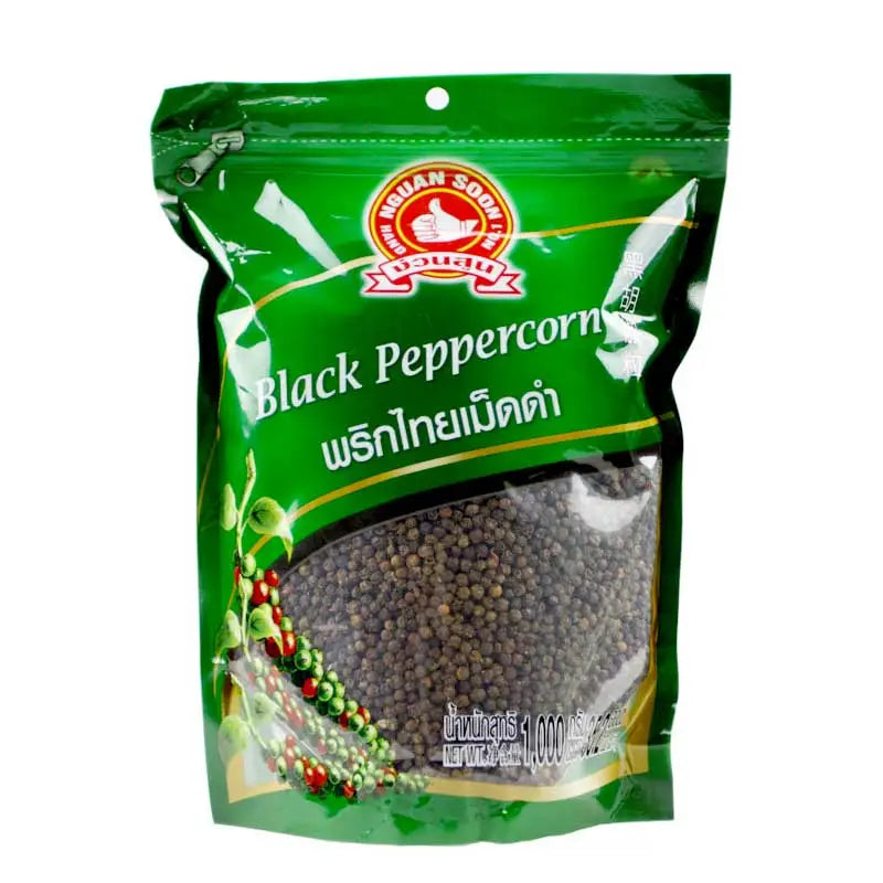Black peppercorns in a 1 kg bag from NO.1 Hand Brand, showing fresh, whole peppercorns with a dark, textured appearance.