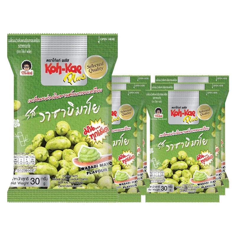 KOHKAE cashew coated wasabi mayo packet, 30g x 6, showing the colorful packaging and product branding.