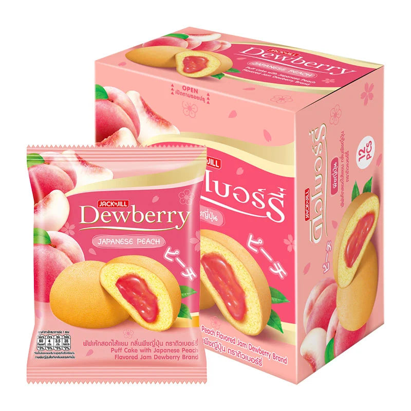 Dewberry Puff Cake Peach 15g snack pack, showing individually wrapped peach-flavored puff cakes in a clear package.