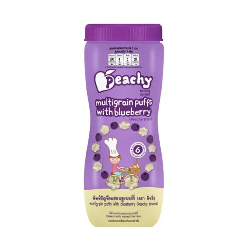 Peachy Blueberry Mixed Grain Puff Snack in a clear bottle, showing colorful puffed grain snacks with blueberry flavor accents.