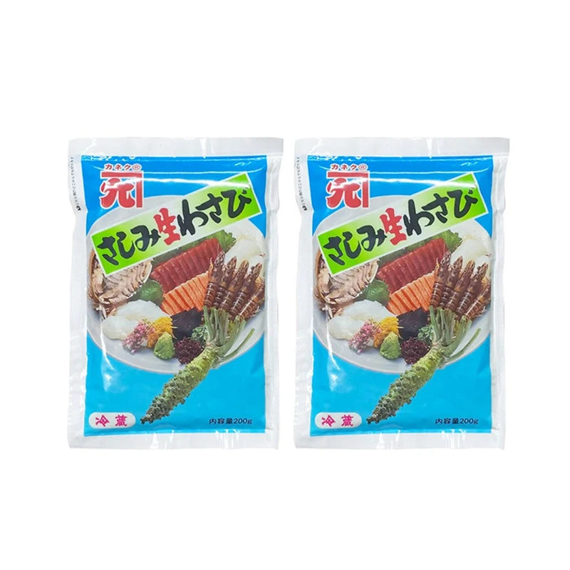 SENTO GYORUI KANEKU sashimi wasabi and horseradish mix in 200g packs, showing fresh wasabi and horseradish roots and the product packaging.