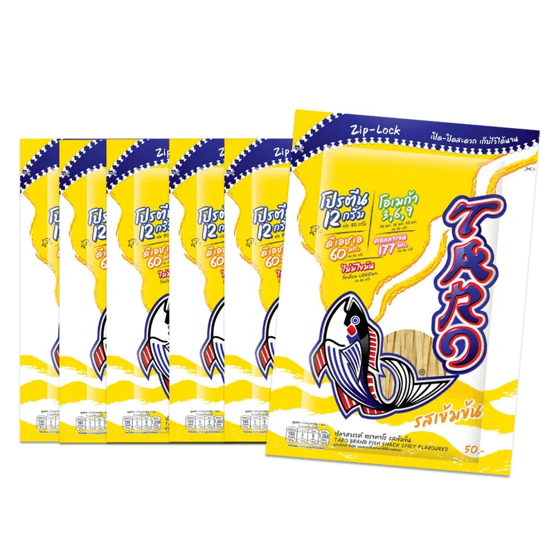 TARO spicy flavored fish snack in 50g packages, showing crispy, seasoned fish snacks in a clear image.
