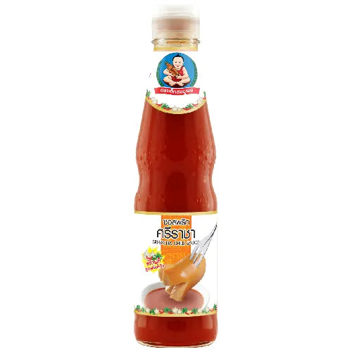 Bottle of DEKSOMBOON Sriracha Chili Sauce in a 350g container, featuring a red chili sauce with a green cap.