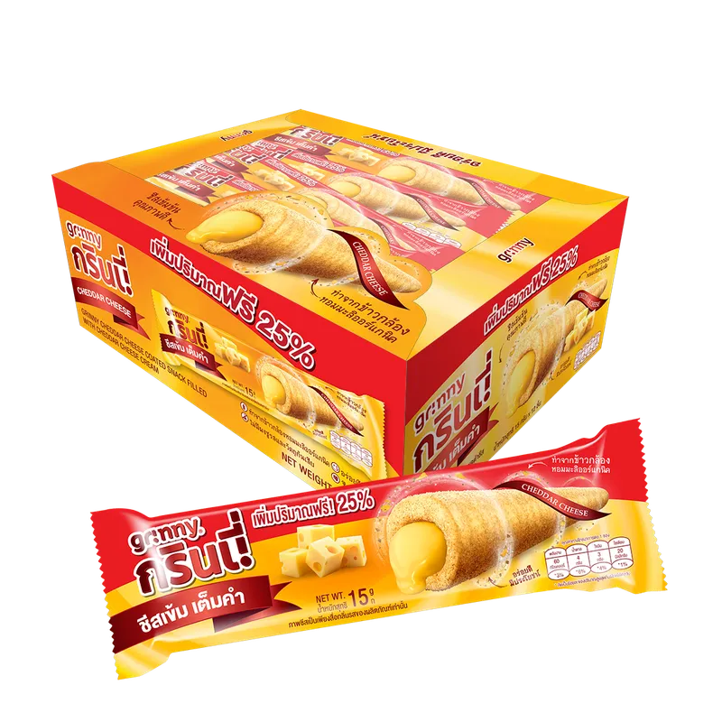GrINNY cheddar cheese coated snack filled with cheddar cheese cream in a 15g box, 12 pieces, close-up view of snack with cheesy filling