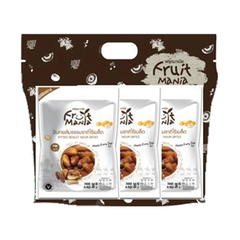 FRUIT MANIA Pitted Deglet Nour Dates in 120g packets, shown in a close-up image highlighting their glossy, sweet fruit appearance.