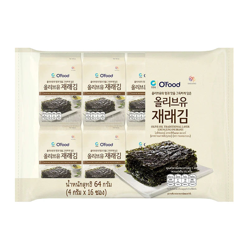 Pack of DAESANG Seaweed Olive Oil Laver sheets, 4g each, showcasing crispy seaweed with olive oil coating in a colorful bundle.