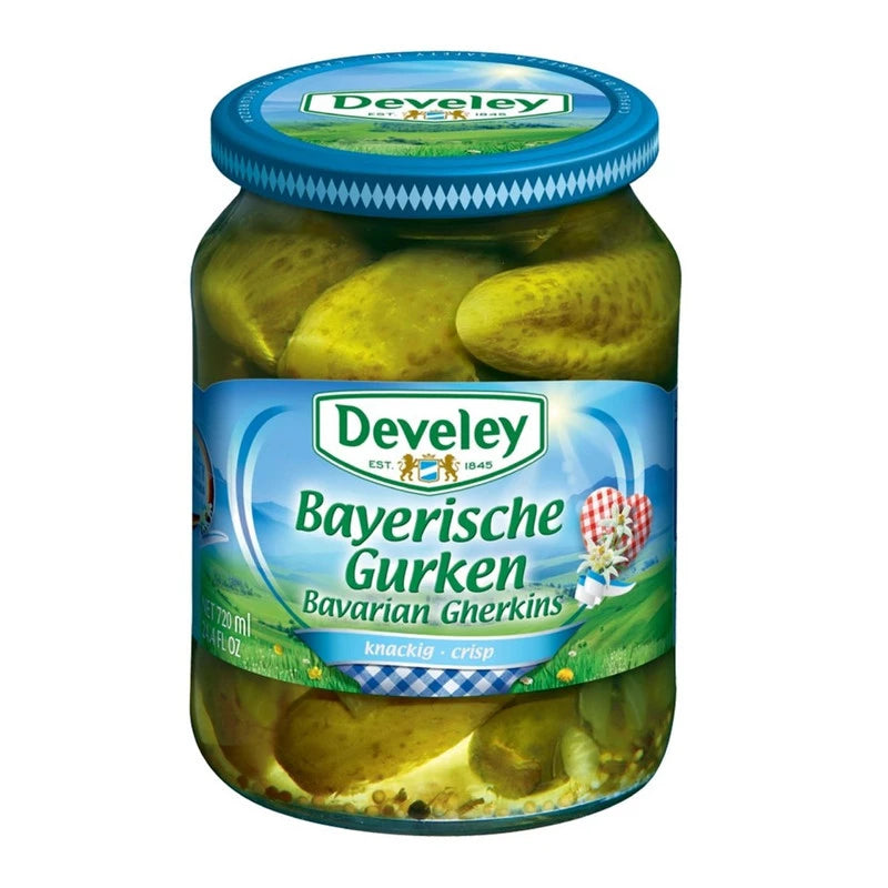 DEVELEY Bavarian large pickled gherkin cucumbers in a jar, showcasing glossy, crunchy, and whole cucumbers ready for snacking or cooking.
