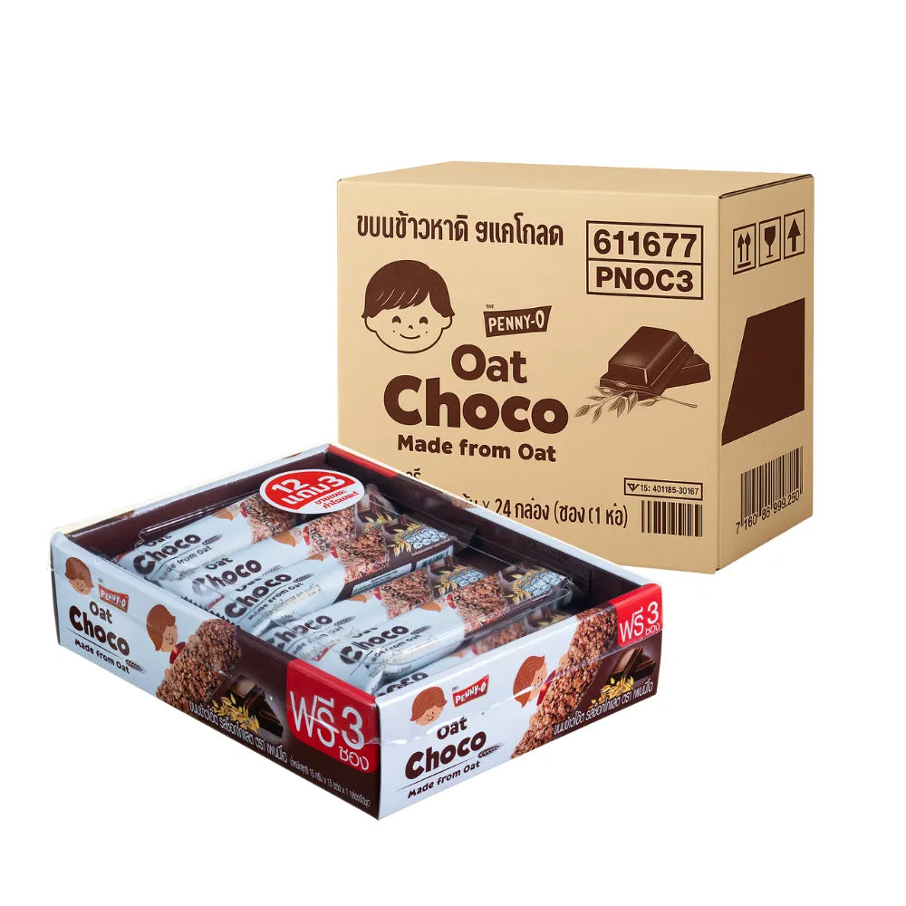 PENNYO Oatmeal Snacks Chocolate Flavor in 15g sachets, 24-pack, featuring chocolate-flavored oatmeal snack sachets.