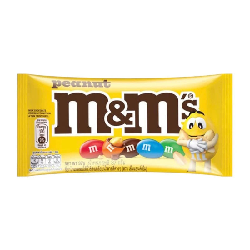 Assorted M&M Peanut Milk Chocolate Coated Peanuts in a 10-pack, showing colorful candy shells and chocolate coating.