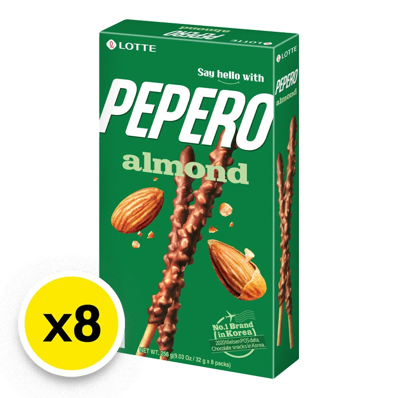 Lotte Almond Pepero BB 32G snack sticks, featuring almond-coated biscuit sticks in an appealing package.