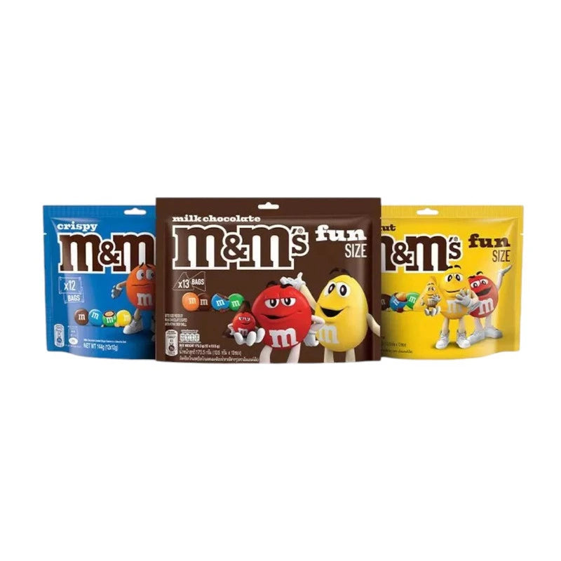 M&M's milk chocolate, peanut, and crispy fun size candies with free M&M's, displayed in colorful packaging.