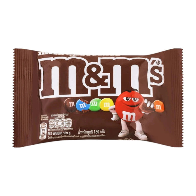 M&M's Milk Chocolate candies in a 180g bag featuring colorful chocolate-coated sweets from M&M brand.