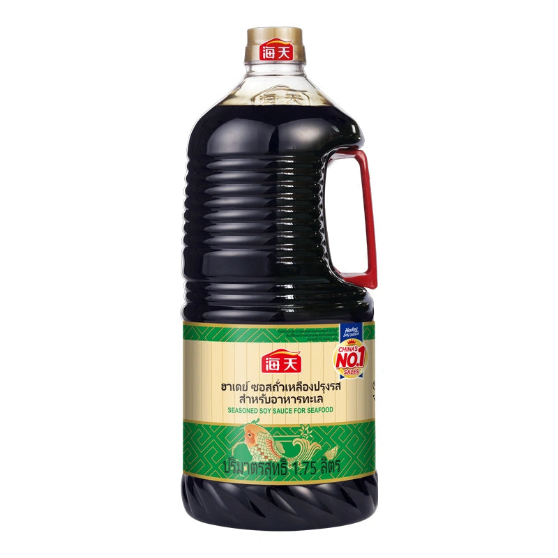 HADAY Tasty Seafood Soy Sauce 1.75L bottle with clear label, golden liquid, and cap, on a white background.
