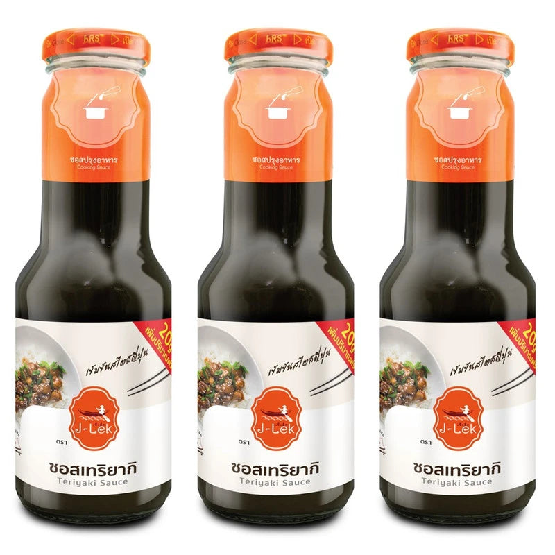 J-LEK Teriyaki Sauce in 380g glass bottles, pack of 3, featuring dark soy sauce and sweet glaze in clear bottles