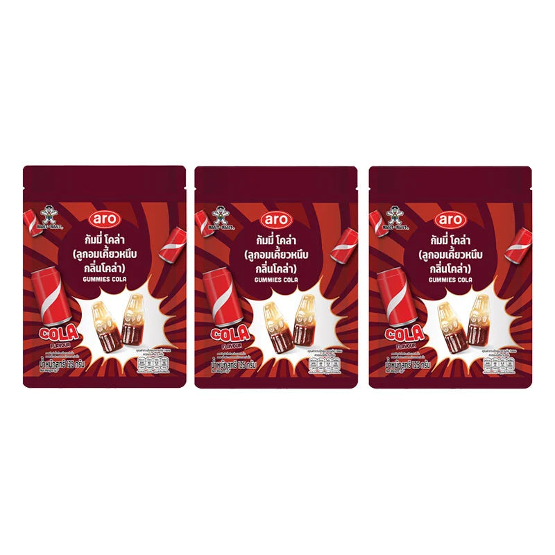 Assorted ARO Gummy Cola candies in 125g packs, showing colorful cola-flavored gummy candies in clear packaging.