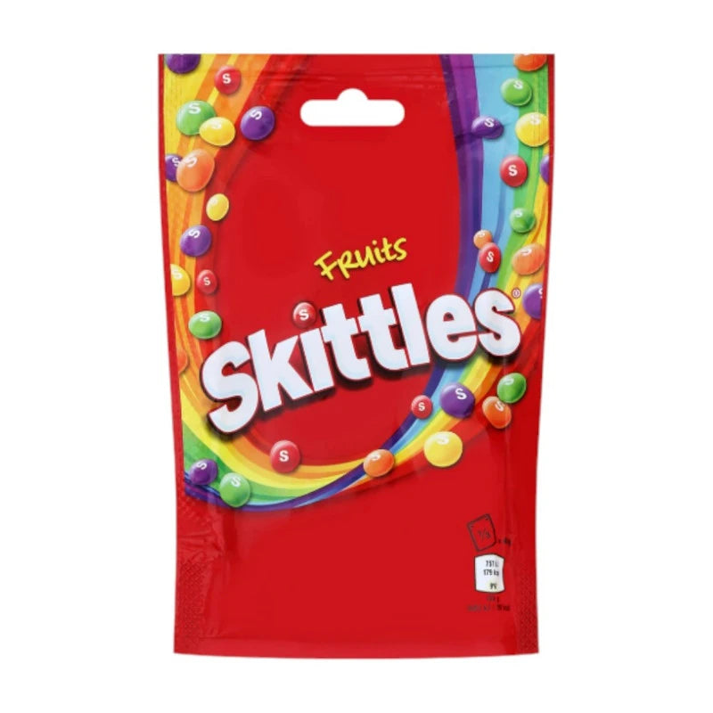 Assortment of Skittles Fruit Chewy Candy in a 45g ziplock bag, featuring mixed fruit flavors in colorful candies inside a pack.