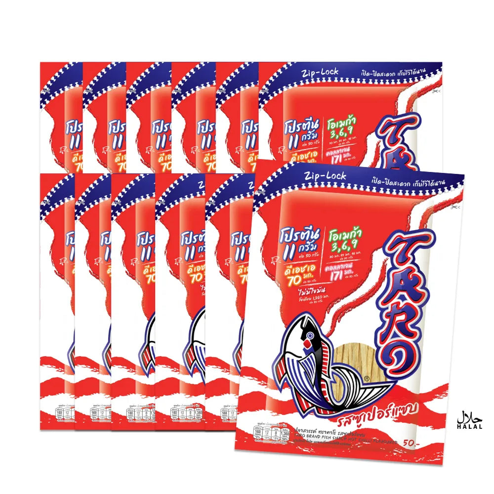 TARO Fish Snack Hot Chilli flavor in a 50g package, showing crispy fish snacks with spicy chili seasoning.