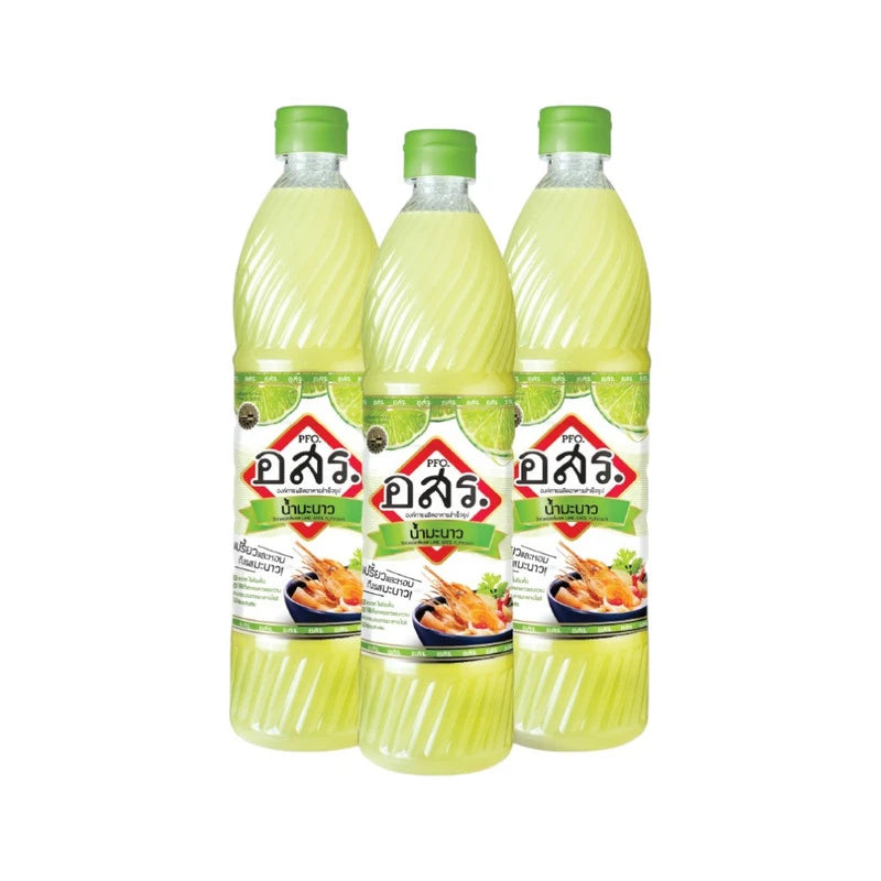 Aor Sor Ror lime juice mix bottles, 700ml each, featuring real lime flavor in three transparent bottles with labels on the front.