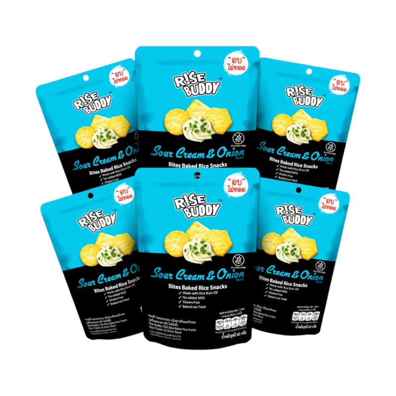 RISE BUDDY Crispy Rice Snack Sour Cream and Onion flavor pack of 6 sachets, baked crunchy rice snack with savory seasoning.