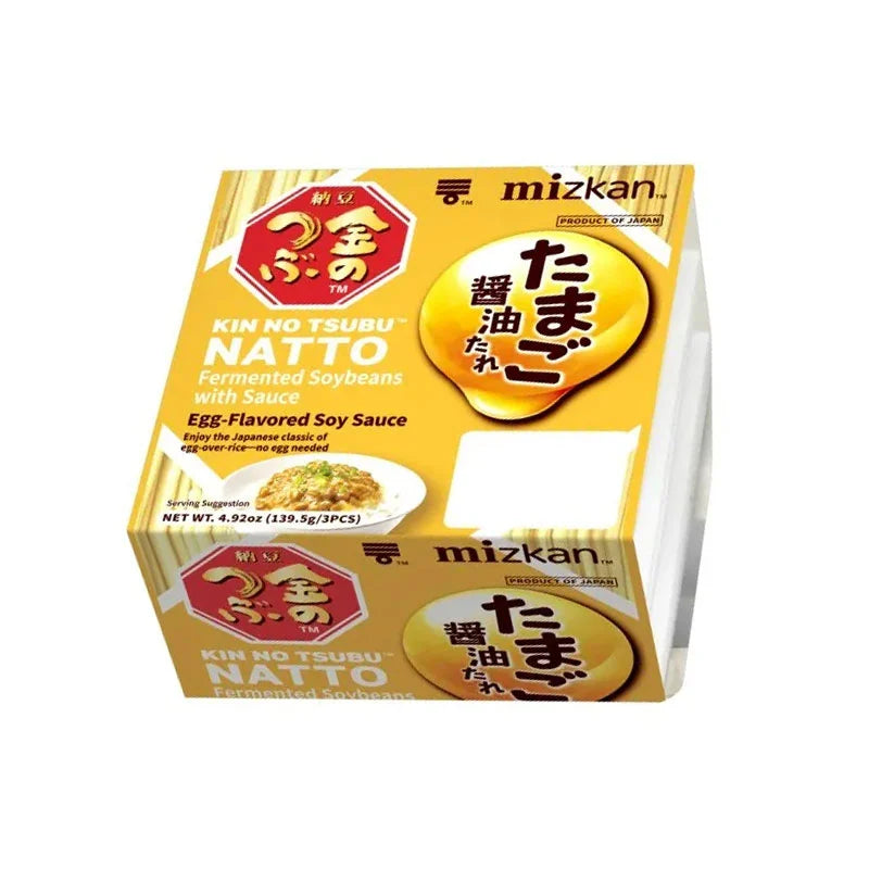 Kin no Tsubu Egg Soy Natto pack with three 46.5g servings, showing the natto packaging and soybeans inside