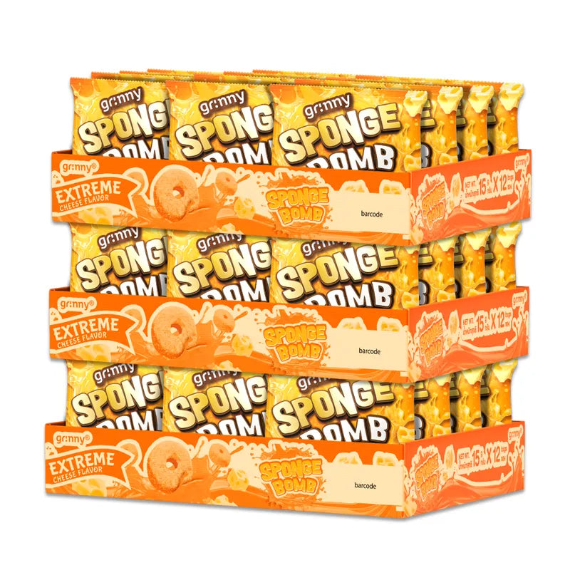 Grinny Sponge Bomb Snack Extreme Cheddar Cheese flavor, 15g pack, 12 pieces per pack, three packs shown in the image.