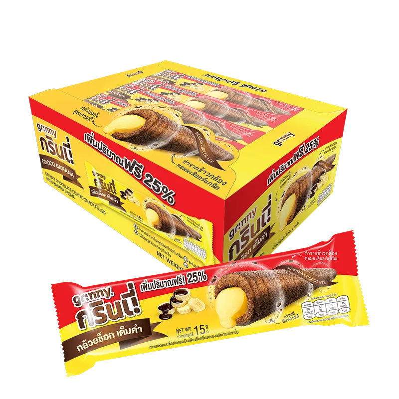Chocolate-coated snack filled with banana cream in a 15g box, 12-piece pack by GRINNY, shown in the image.