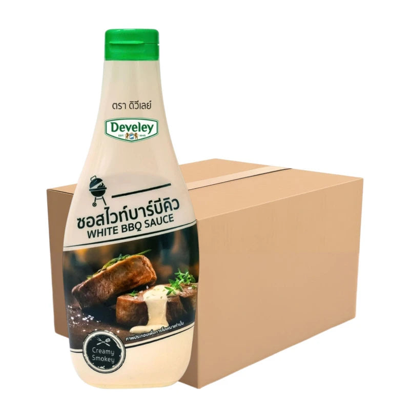 DEVELEY White BBQ Sauce 360g bottles, pack of 12, featuring creamy white barbecue sauce in clear bottles.