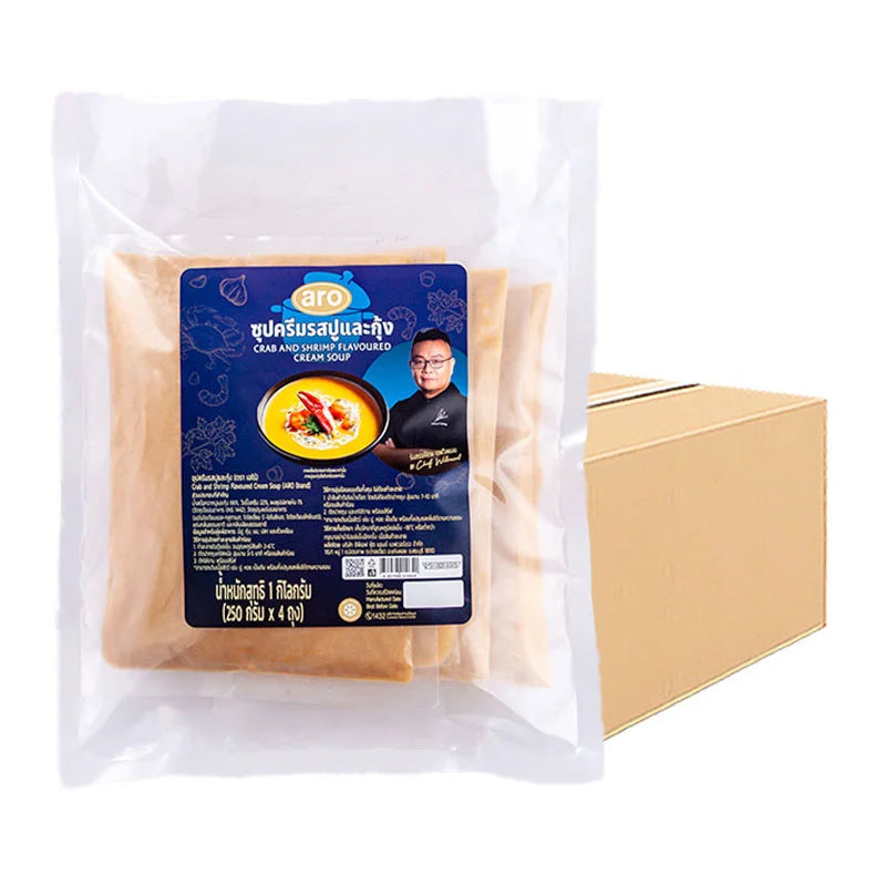Aro Gold Frozen Cream Soup with Crab and Shrimp, 250g packs, showing creamy seafood soup in a bowl with crab and shrimp pieces.