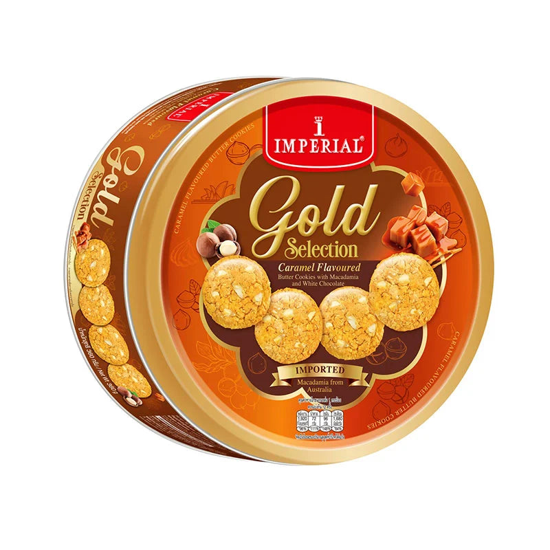 Imperial Cookies Caramel Macadamia and White Chocolate in 360g package, showing the cookies with caramel, macadamia nuts, and white chocolate chunks.