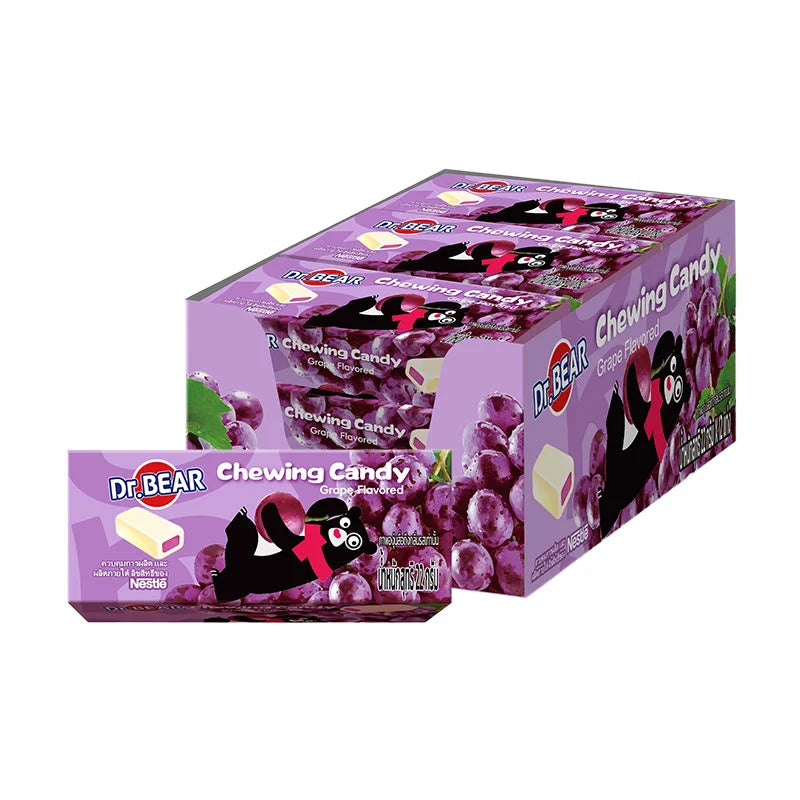 DR.BEAR Fruity Grape Soft Candy pack showing 12 individually wrapped grape-flavored candies in a colorful package