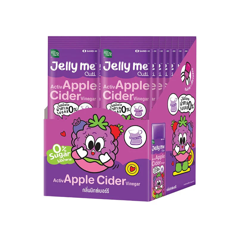 HANDY HERB Jelly Me Activ Apple Cider Vinegar mixed berry flavor in 30g packs, showing colorful jelly squares with berry pieces.