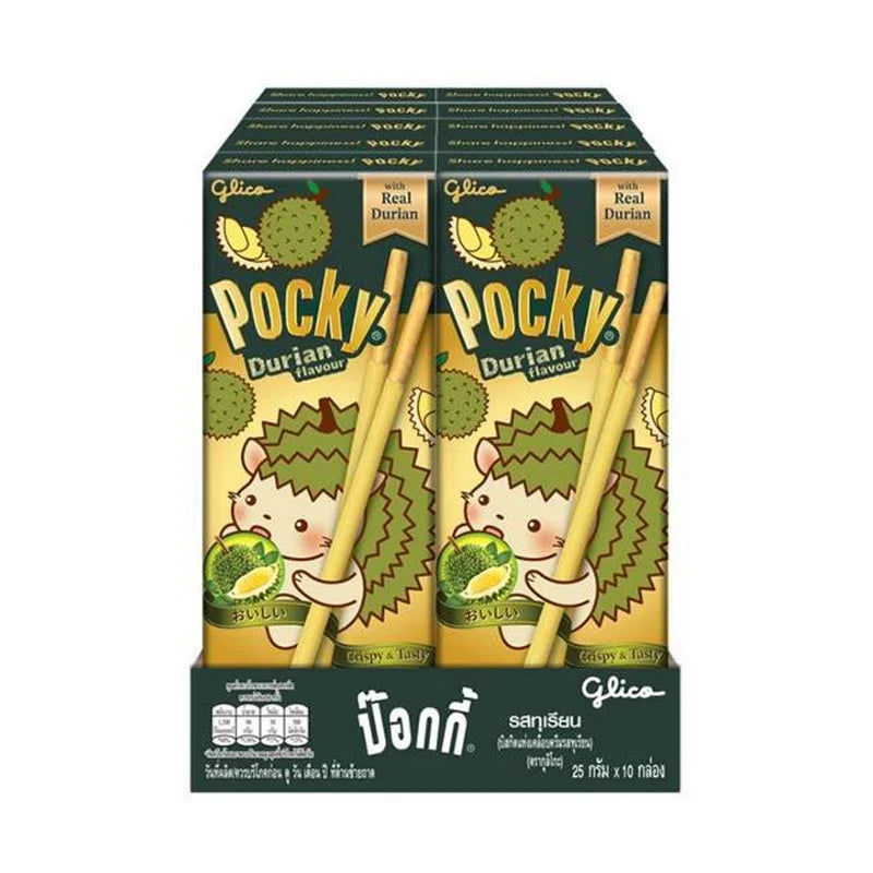 Glico Pocky Durian biscuit snack sticks in 25g packs, shown in a box with images of durian flavor on the packaging.