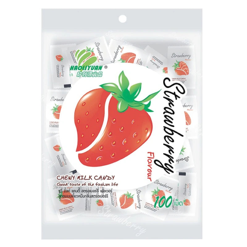 HAOLIYUAN Chewy Milk Strawberry candies in a box, 100-piece pack featuring pink and white strawberry-flavored chewy treats.