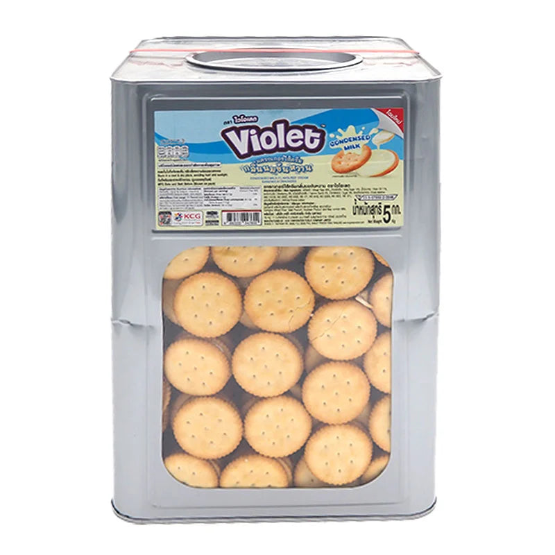 VIOLET Cream Cracker 5 Kg bag showing golden-brown cream-filled crackers stacked in a pile