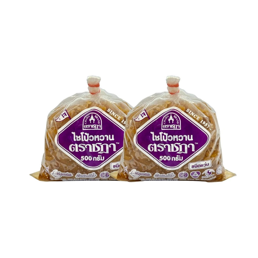 Chada Sweet Sliced Preserved Radish 500g, two bags, no MSG, no artificial color, in clear packaging with radish slices visible.