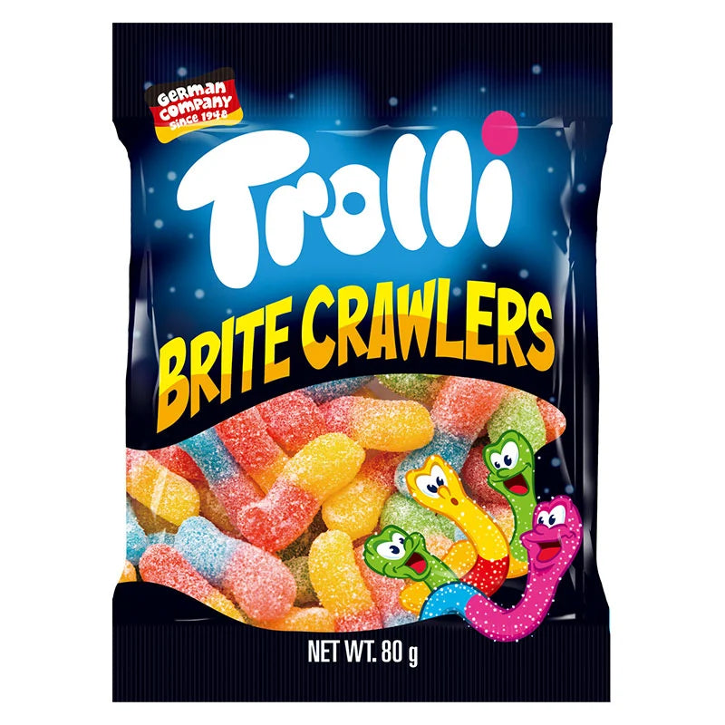 Assorted Trolli Gummy Brite Crawlers in a clear bag, colorful chewy candies with bright, vibrant colors and playful shapes.
