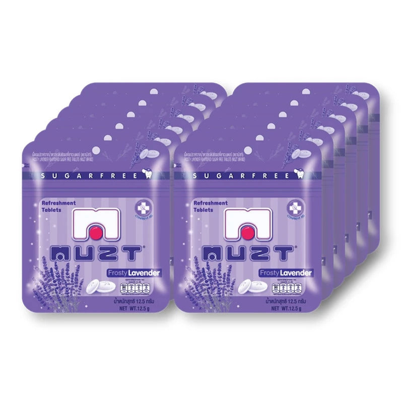 MUZT Sugar-Free Frosty Lavender Lozenges in 12.5g pack, showing a close-up of the lavender-flavored lozenges in a clear container.
