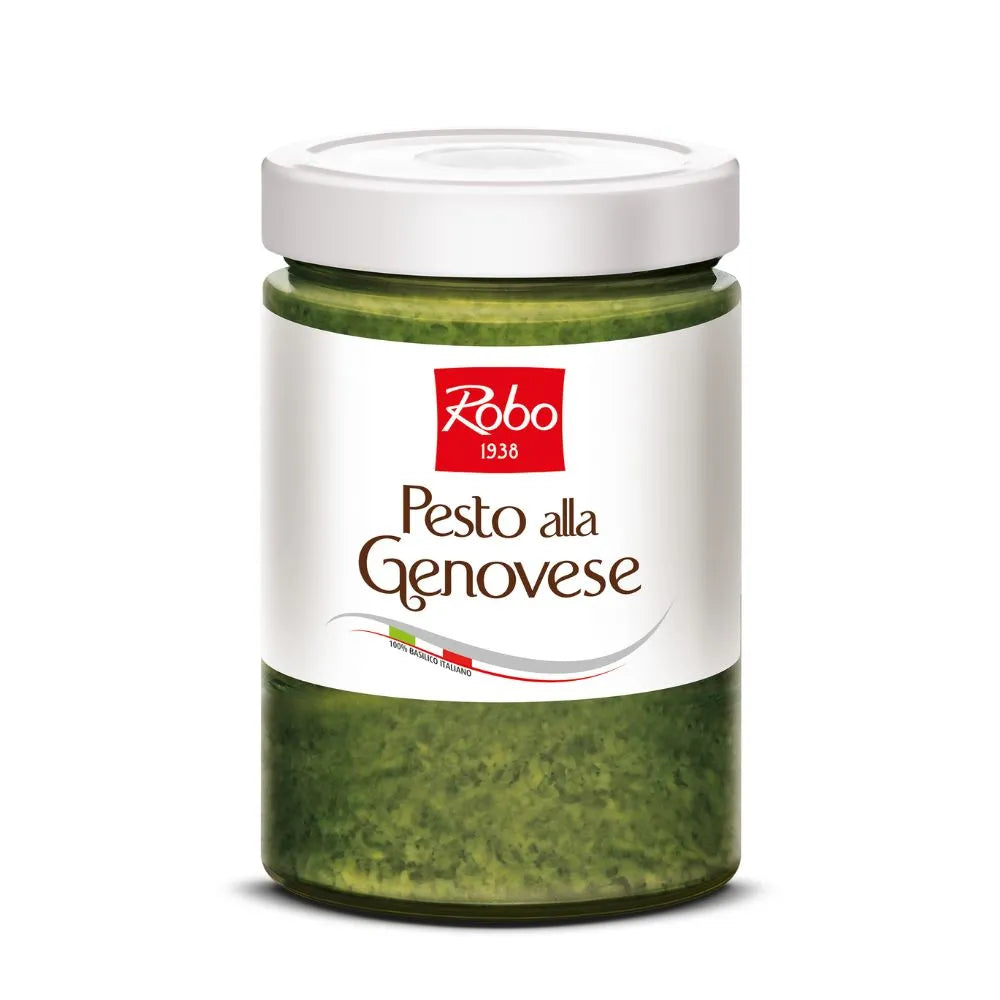 ROBO Genovese Pesto Sauce 500g jar with basil, pine nuts, garlic, and olive oil showing on the label.
